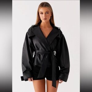 Peppermayo Black Midtown Faux Leather Trench Tie-Waist Jacket